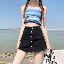 2023夏季高腰排扣假两件牛仔短裙女防走光裤裙Jeans Skirts