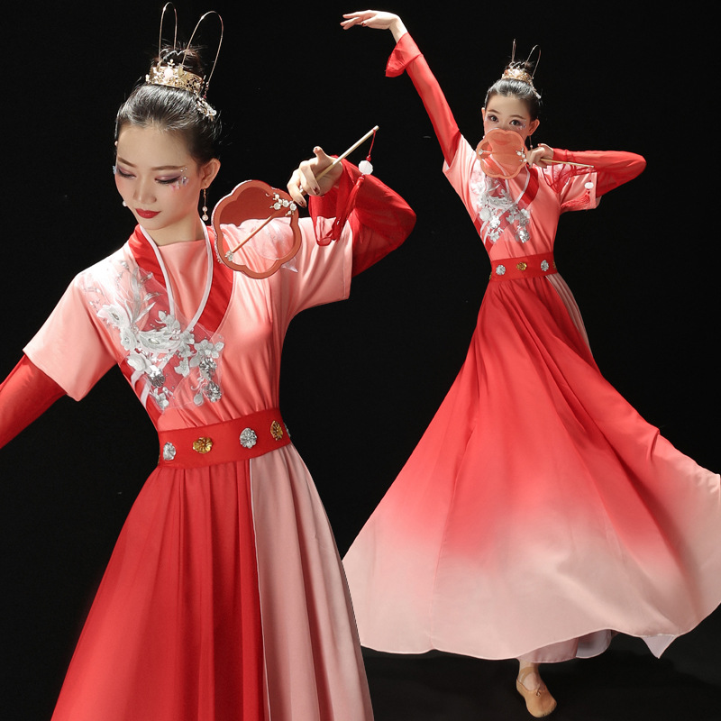 红艳凝香艺考长裙扇子舞民族演出服装汉服风古典舞蹈服女飘逸