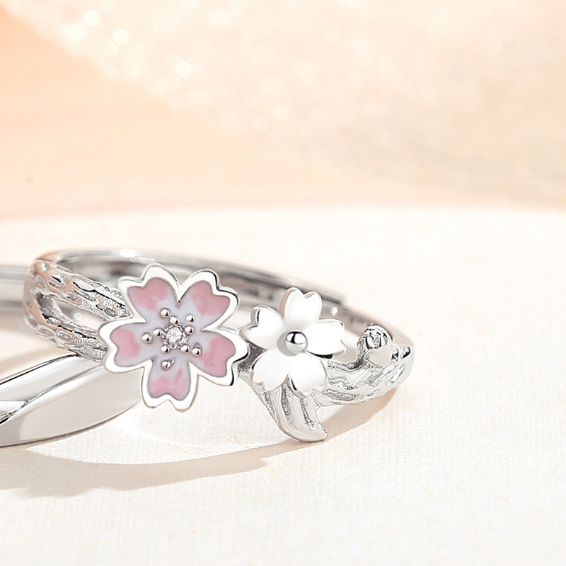 Original Cherry Blossom Couple Ring Sterling Silver Creative Mori Summer Niche Flower Couple Rings Men's and Women's Ring Qixi Gift