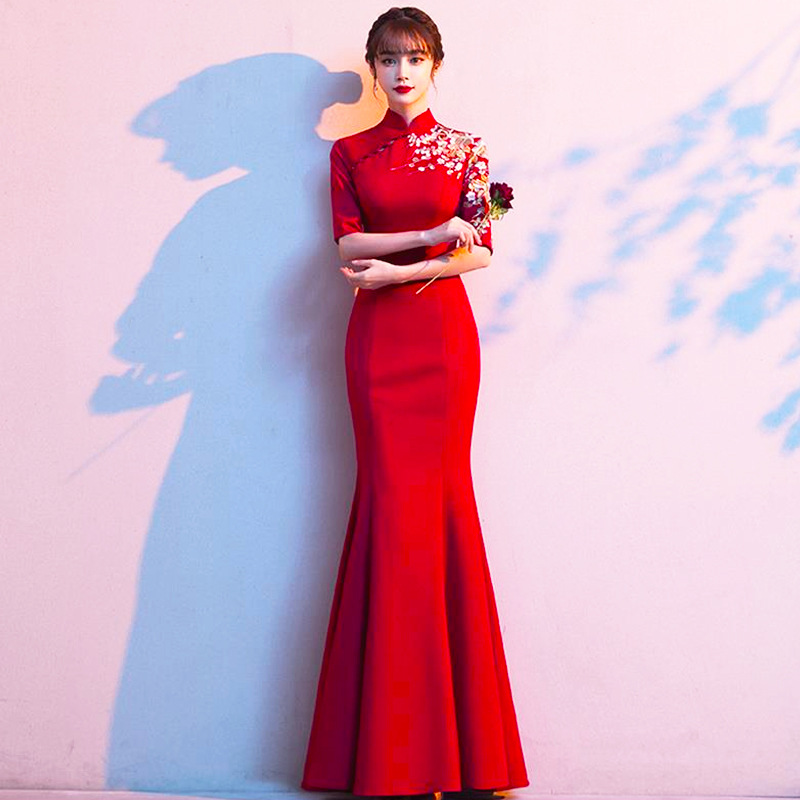 鱼尾裙敬酒服新娘2021新款秋冬长款复古显瘦结婚中式旗袍礼服红色