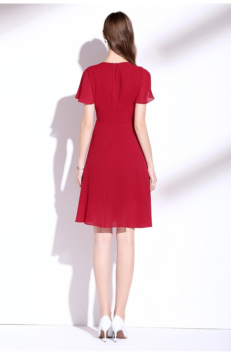 红色连衣裙2021新款夏季v领荷叶袖暗纹雪纺设计感裙子女