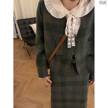 复古绿格纹毛呢套装女呢子长袖外套半身裙子学生韩版冬季呢子上衣
