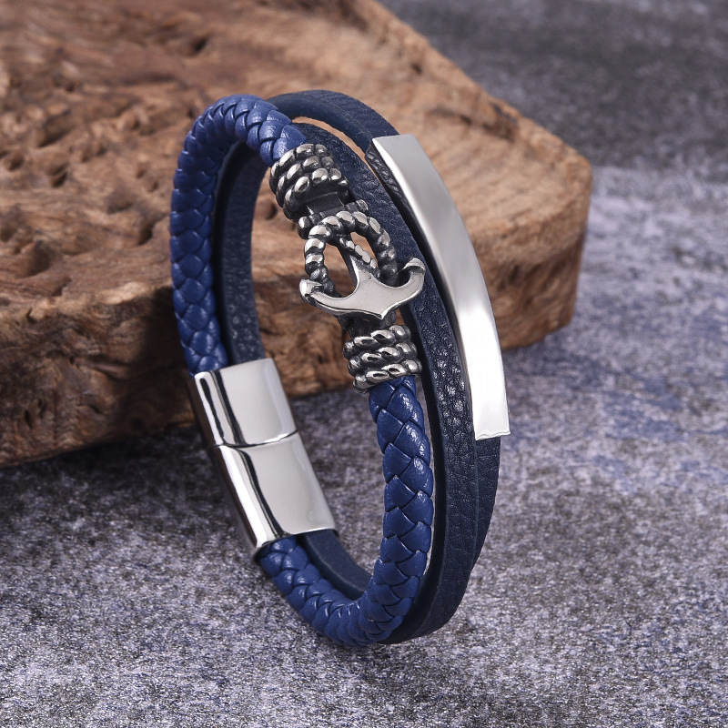 Cross-Border E-Commerce Hot Selling Stainless Steel Boat Anchor Leather Cord Bracelet Multi-Layer Leather Braided Bracelets Men's Titanium Steel Jewelry