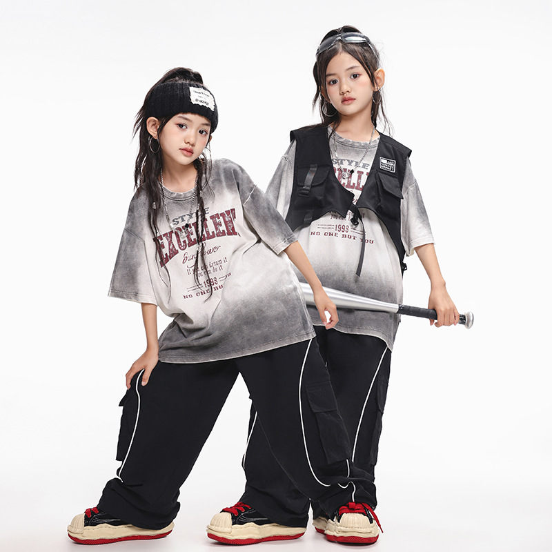 嘻哈街舞儿童潮服套装男女童灰白t恤少儿hiphop宽松炸街潮牌童装