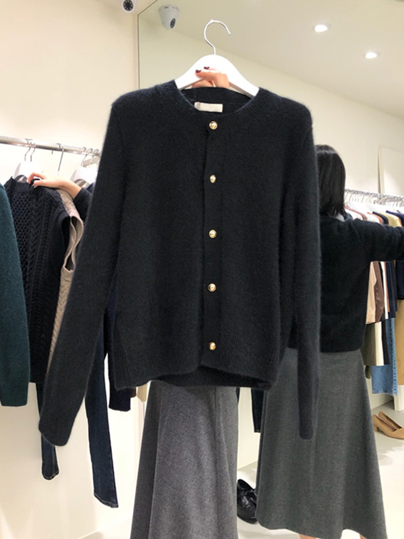 黑色针织打底开衫女秋冬宽松慵懒风气质圆领上衣复古日系毛衣外套