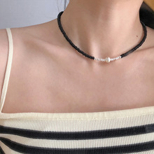 S925银黑玛瑙飞碟圆珠项链女甜酷设计感冷淡风颈链小众个性