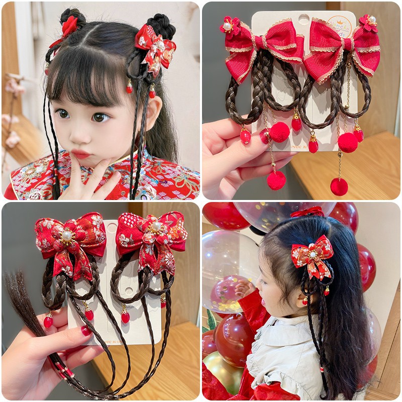 中国风宝宝假发辫子红色流苏发夹小女孩过年头饰儿童新年发卡发饰