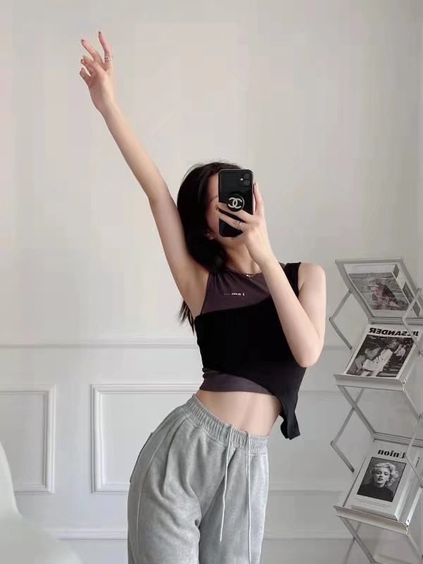 高腰露脐上衣背心女欧美性感拼接假两件不规则修身短款无袖t恤女
