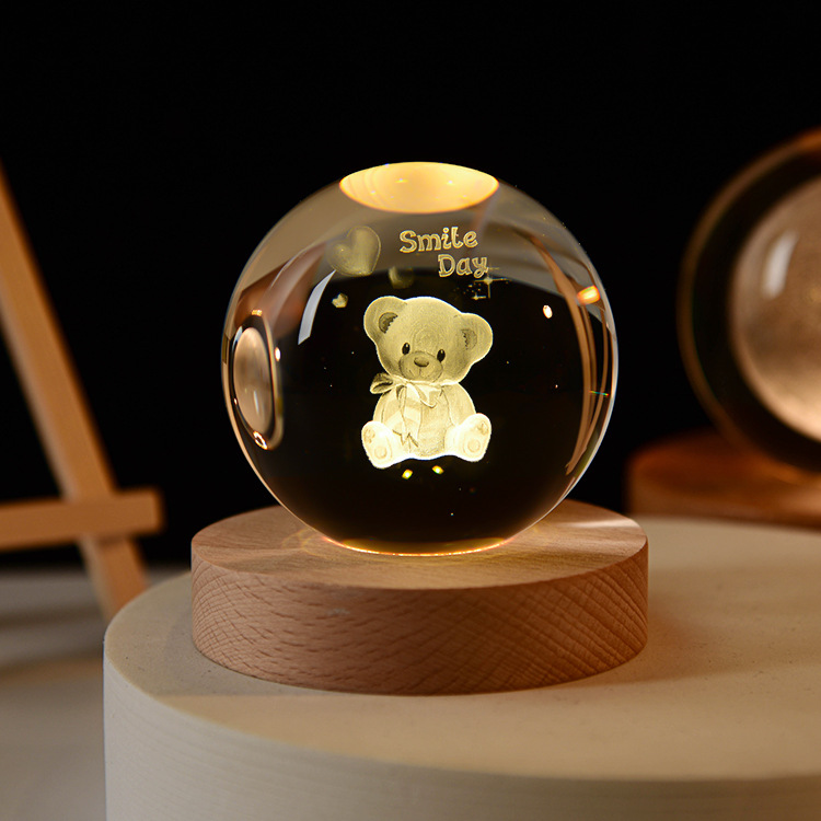 Starry Sky Astronaut Crystal Ball 3D Luminous Inner Carving Small Night Lamp Wooden Desktop Decoration for Girls and Students