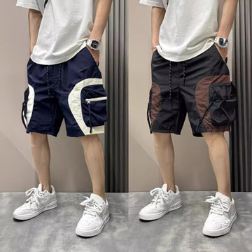夏季男士工装裤痞帅潮流直筒宽松五分裤男款时尚拼接短裤拉链中裤