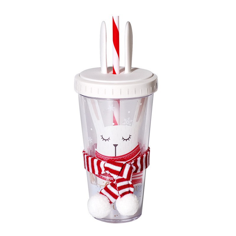 Warm Heart Hand Guard Cute Rabbit Water Cup Creative Cup Flat Lid Cup with Straw Double-Layer Plastic Cup