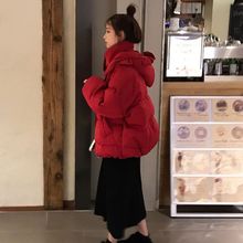 韩版学生红色短款连帽加厚棉服宽松面包服棉衣外套女新款