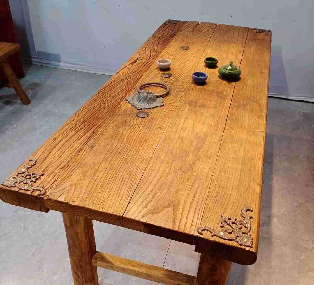 老榆木茶桌茶台风化纹理老门板桌子茶几餐厅饭店桌椅火锅桌长条凳