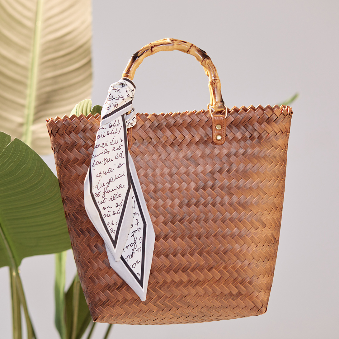 美式仿藤复古手提大容量手工编织竹节沙滩包购物篮买菜蓝源头实力