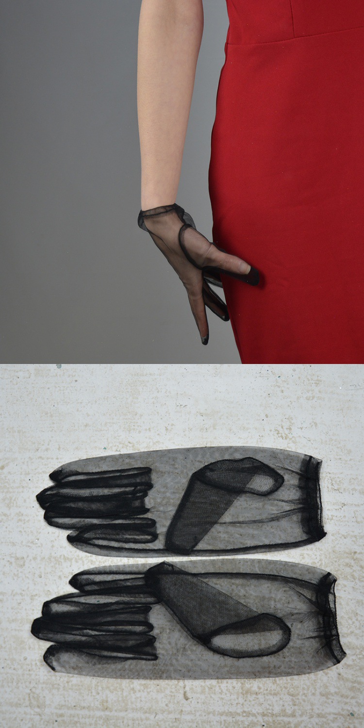 黑丝短手套20cm超大超宽飞飞边花边蕾丝网纱黑色透明透视触屏