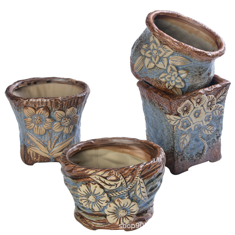 厂家直供多肉花盆陶瓷多肉植物粗陶复古素烧创意大小口径简约花盆