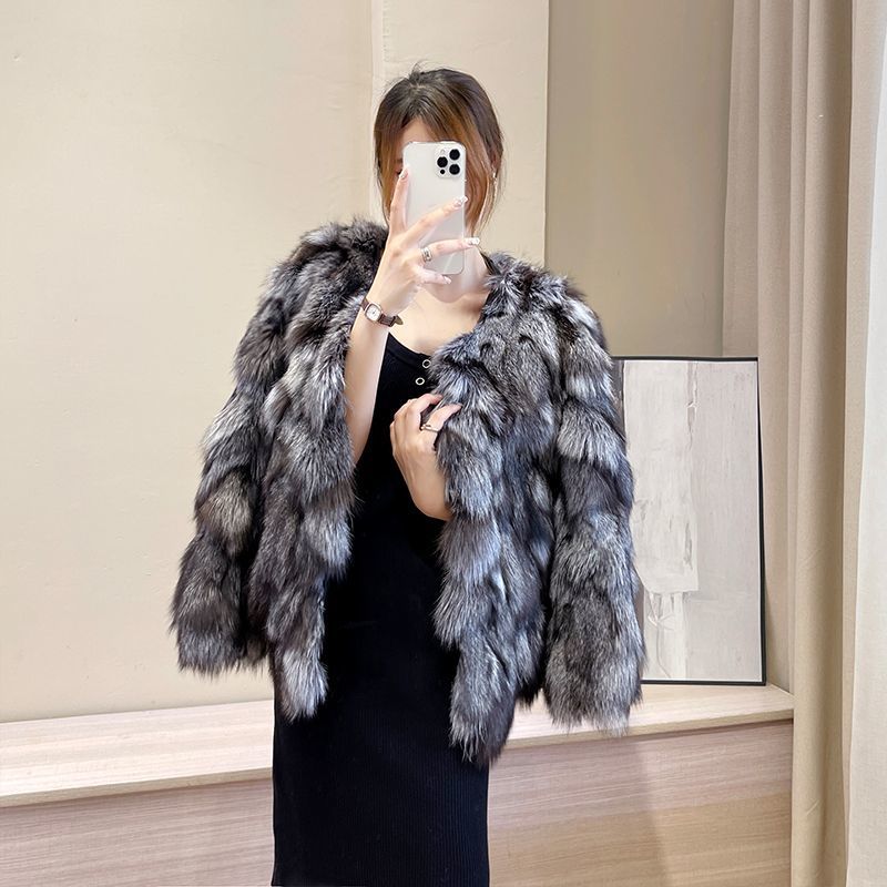 pp100%进口狐狸毛皮草外套2022秋冬新款修身短款银狐真毛裘皮大衣