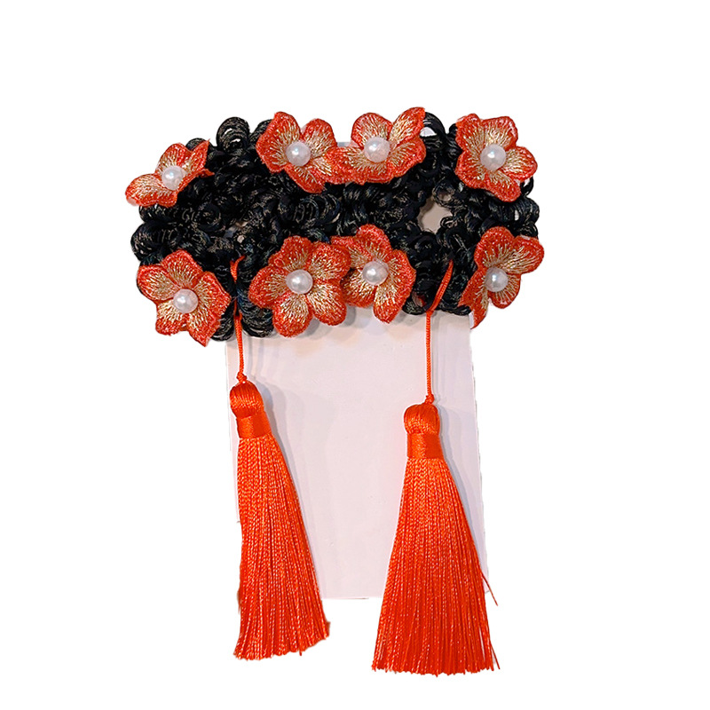 Chinese Style Children's New Year Hair Accessories Bun Wig Tassel Hair Band Girls' Han Chinese Costume Antique Rubber Band New Year Greeting Flower