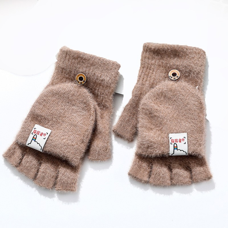 New Plush Winter Half Finger Flip Warm Thickened Factory Finger Leakage Imitation Mink Knitted Student Writing Gloves