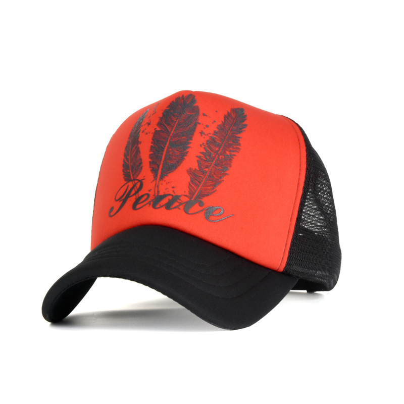 Spring and Summer Feather Print Mesh Cap Hip Hop Mesh Baseball Cap Men's and Women's Outdoor Mesh Breathable Sun-Proof Peaked Cap