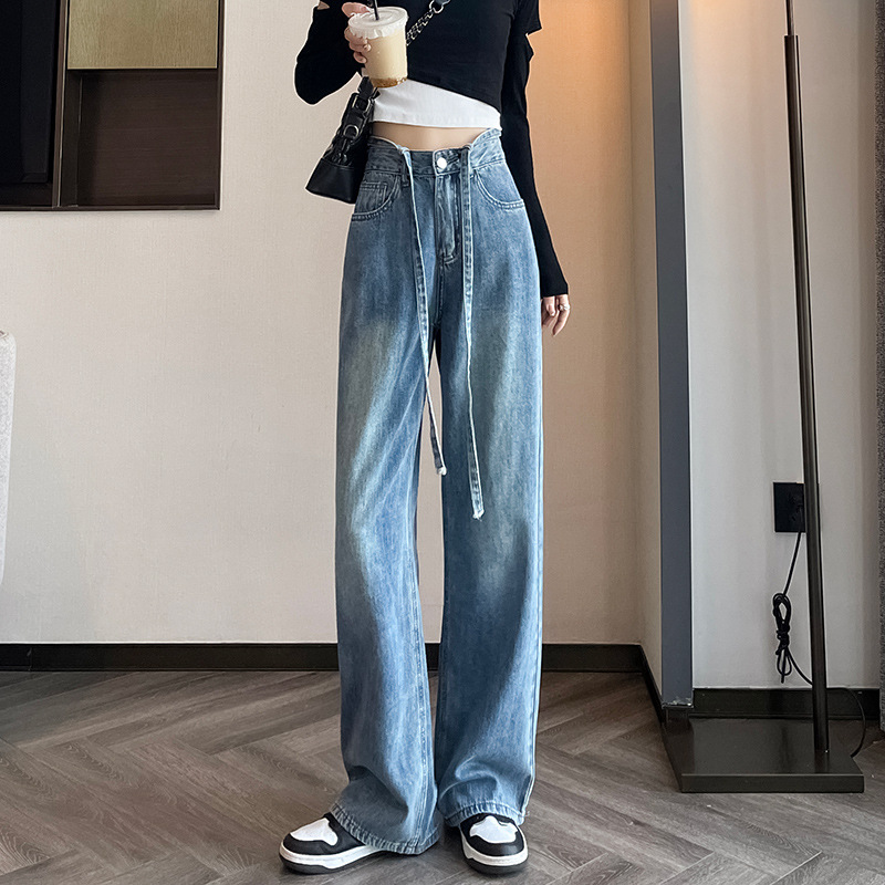   Drawstring Vintage Jeans Women Fall High Waist oose and Slimming Daddy Pants Straight-eg Trousers Mop Pants Wide-eg Pants