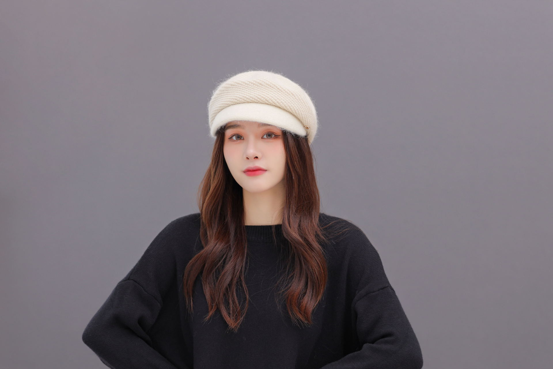 2021韩版女贝雷帽时尚冬季针织鸭舌帽兔毛八角帽可爱保暖帽子围脖