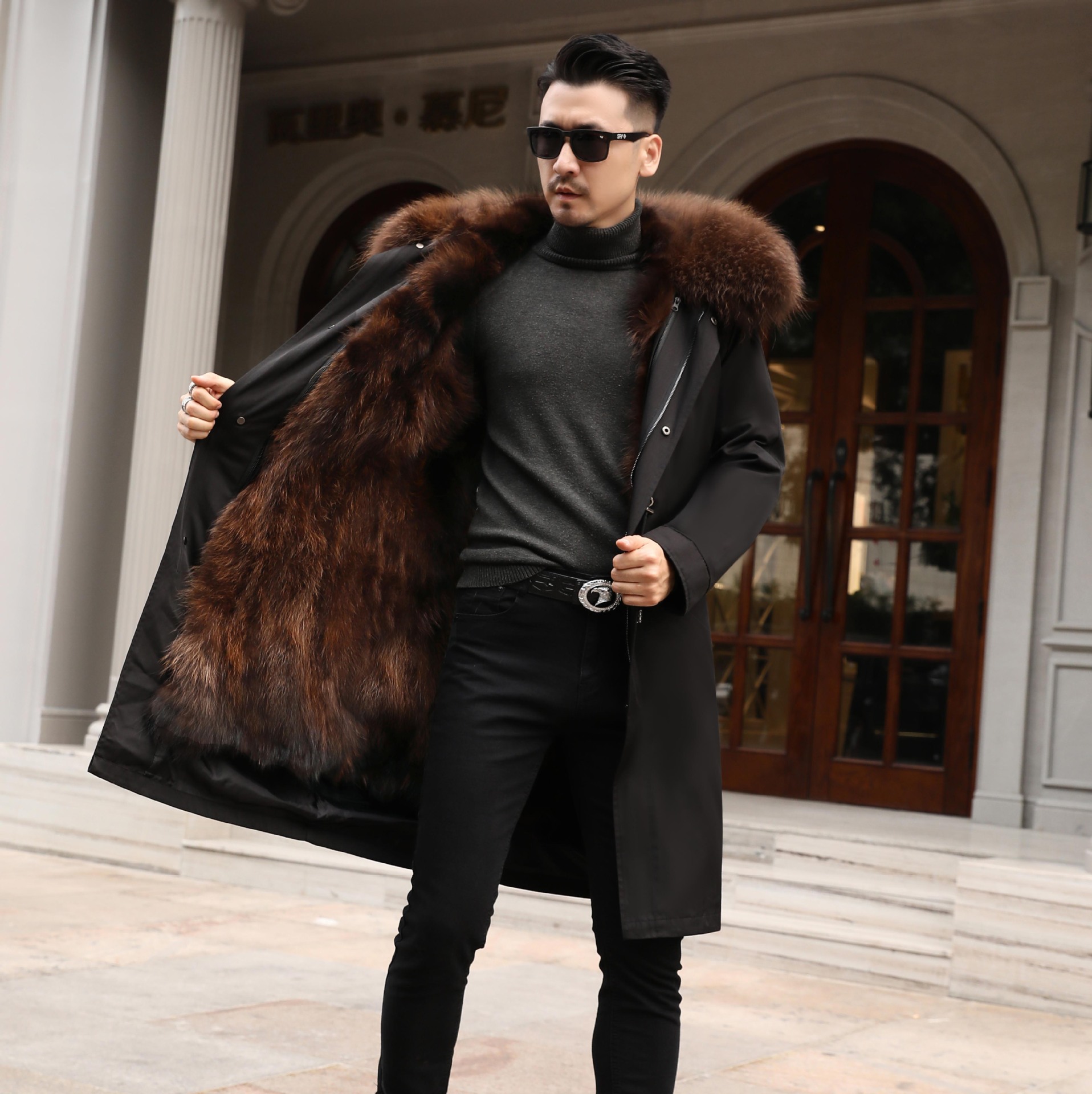 男士派克服2021冬新海宁中长款皮毛一体派克服可拆卸内胆皮草男款