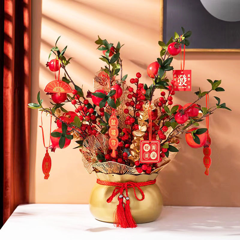 新年宵花冬青蝴蝶兰银柳插花盆花器铁艺栽花盆金属色福袋钱袋福桶