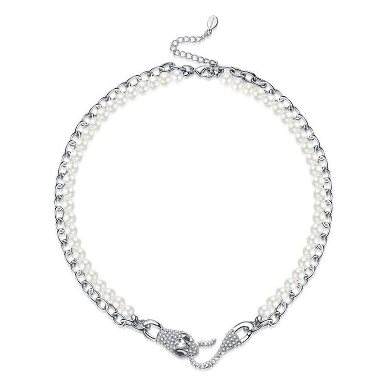 珍珠灵蛇叠带项链设计感 ins风古巴灵蛇双层叠带珍珠项链锁骨链潮