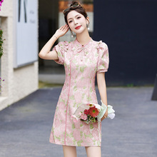 新中式国风夏装女2024年新款气质修身改良旗袍裙泡泡袖提花连衣裙