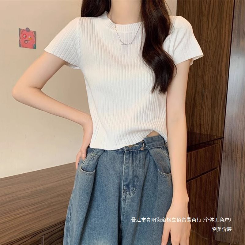 正肩短款白色冰丝针织衫上衣女夏夏季设计感小众修身别致短袖t恤