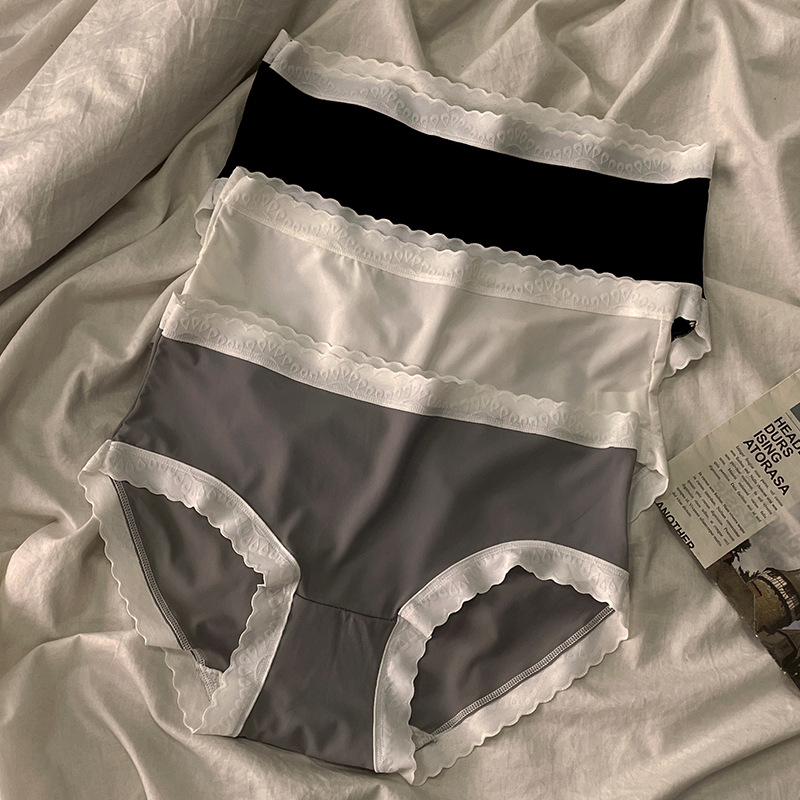 Women‘s Black， White and Gray Minimalist Pure Color Ice Silk Mid-Waist Underwear Girl Seamless Comfortable Lace Pure Cotton Briefs