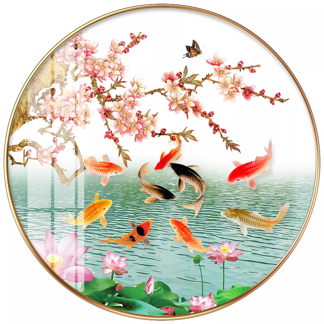 钻石画圆形餐厅钻石绣新款贴钻十字绣客厅荷花九鱼图一件代发