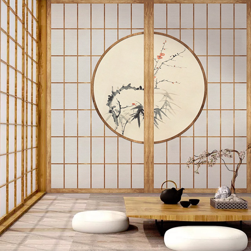 日系仿推拉门装饰墙纸日式茶室养生馆背景墙壁纸剧本杀主题房墙布