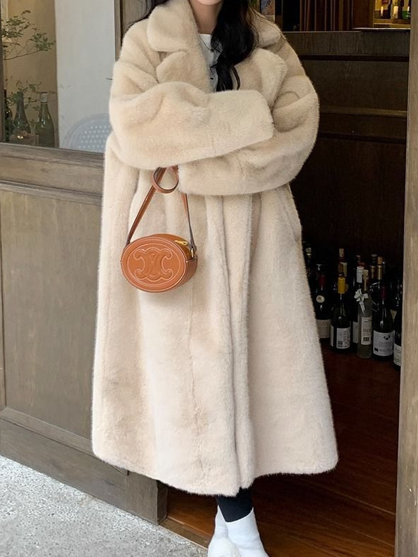 皮草仿水貂绒长款宽松加厚欧貂皮毛一体西服领皮草外套大衣女