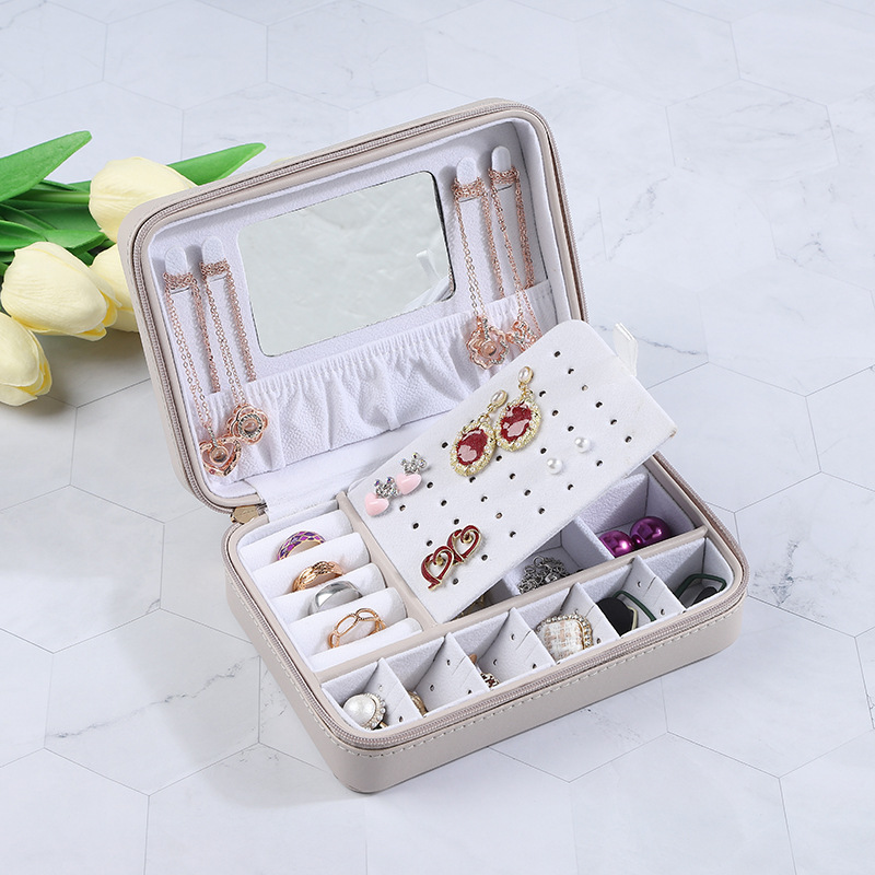 Jinqi PU Leather Jewelry Box Jewelry Necklace Eardrops Stud Earrings Ring Display Case Double Zipper Ornament Storage Box Wholesale