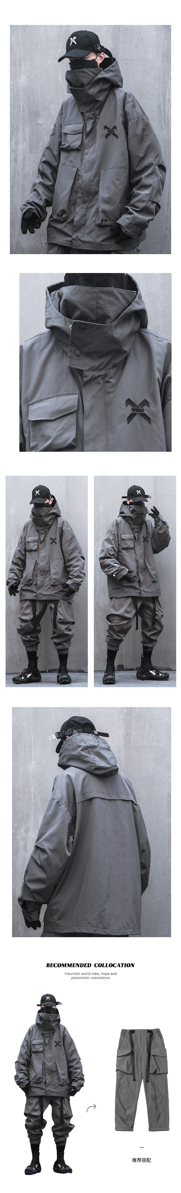 11bybbsdark潮流暗黑机能风双领连帽外套男宽松休闲工装夹克女