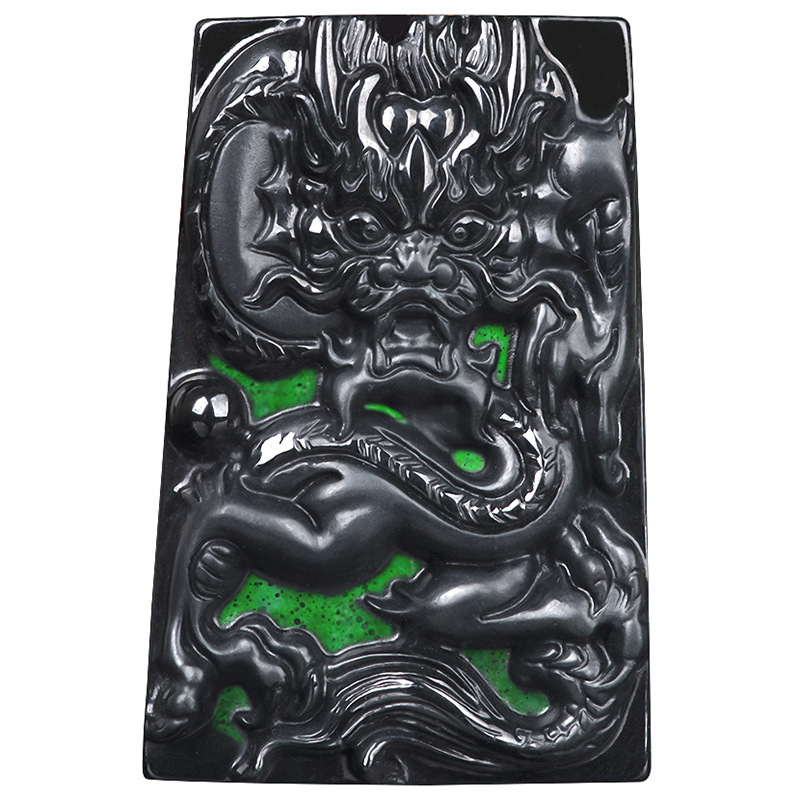 天然墨翠a货翡翠墨玉生肖龙牌霸气玉石吊坠挂件男士项链女款玉坠