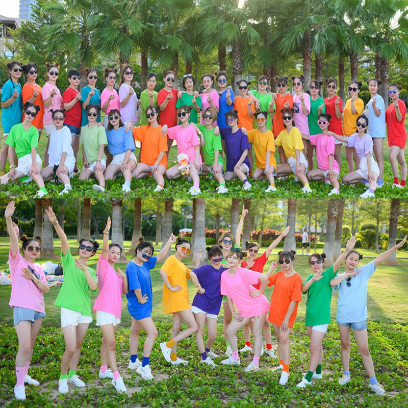 夏季糖果色t恤女年彩色闺蜜姐妹装宽松团建班服打底纯色短袖