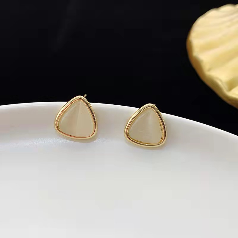 Sterling Silver Needle Geometric Triangle Opal Simple and Compact Fresh All-Match Ear Studs