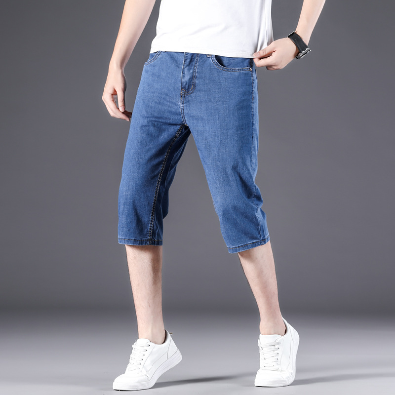 牛仔短裤男夏季薄款牛仔男士七分裤宽松直筒弹力休闲过膝7分裤子