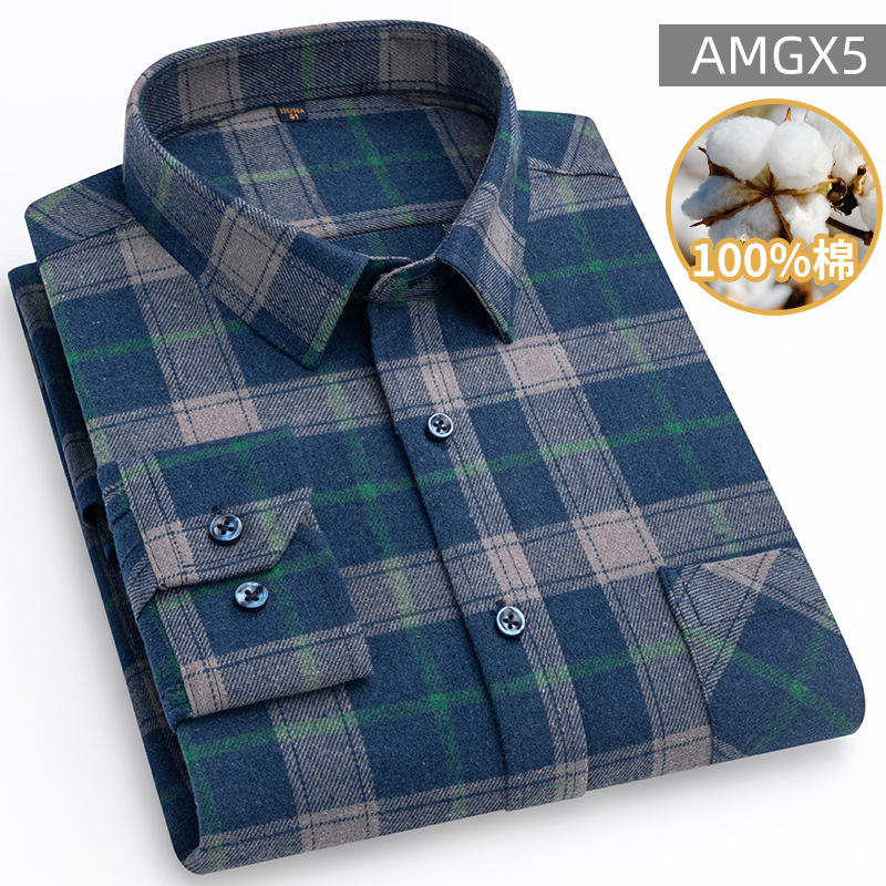 New Pure Cotton Men's Brushed Long Sleeve Shirt Coat Middle-Aged Leisure Spring and Autumn Cotton Plaid Shirt Dad Wear