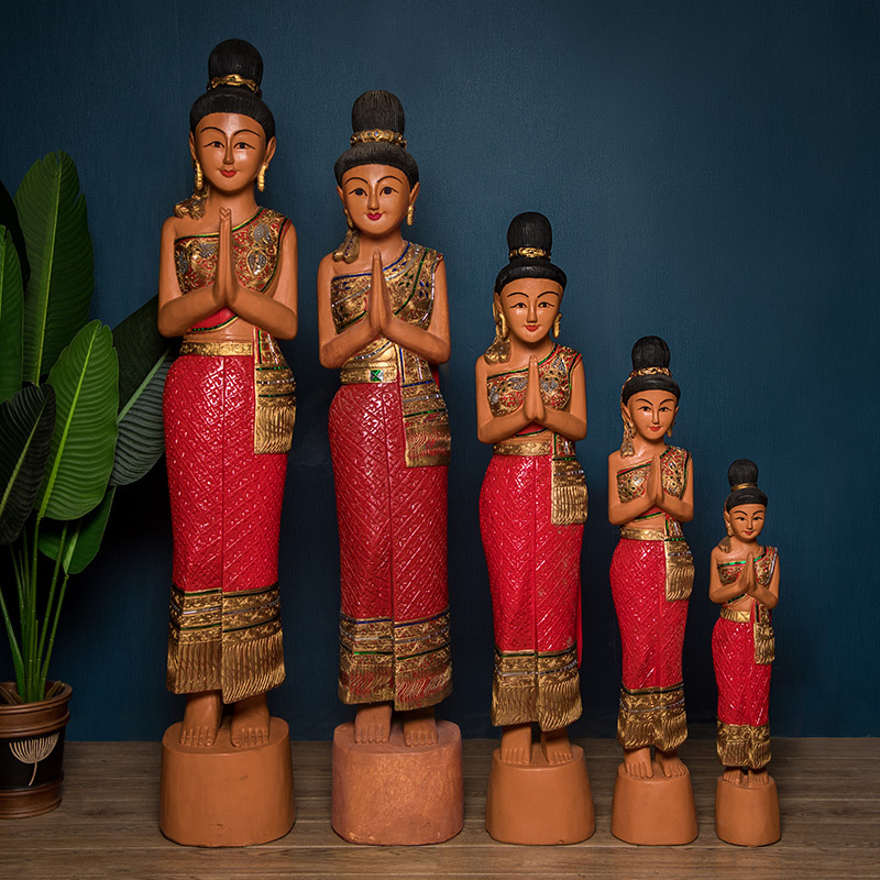东南亚风格泰国迎宾女餐厅特色木雕佛像装饰品泰式工艺品摆件
