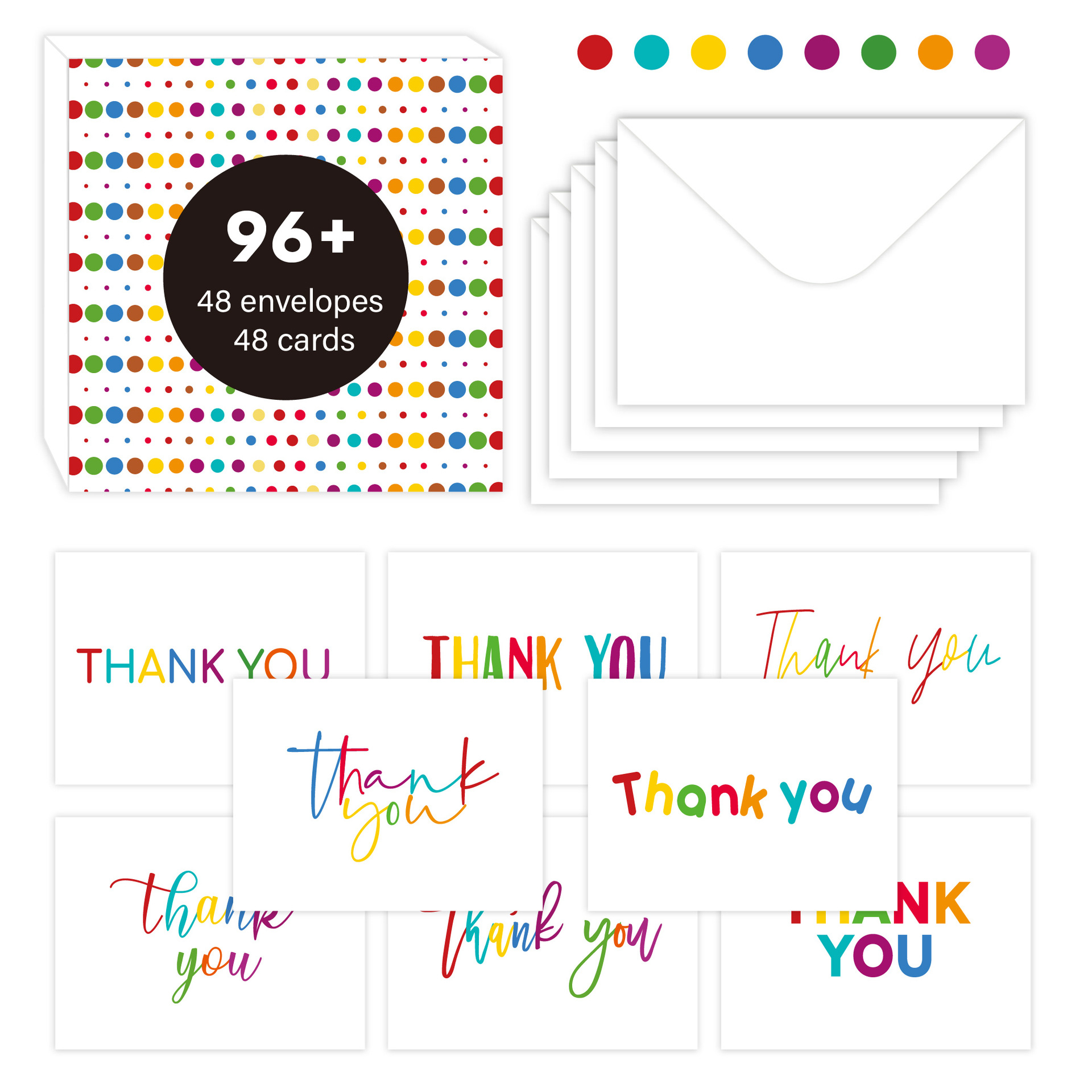我们的感谢信信封套装有 8种各种设计,封面上有各种彩虹"谢谢"字体2