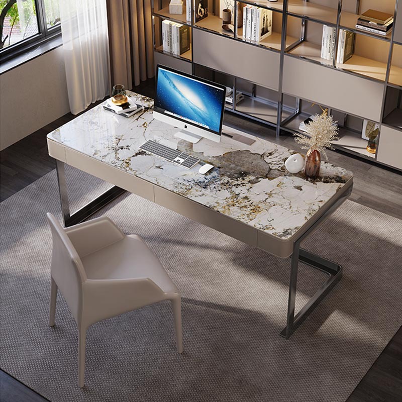 意式极简书桌现代设计师岩板办公桌椅高档书房马鞍皮写字台电脑桌