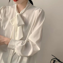 蝴蝶结白色衬衫女长袖春秋季设计感小众外贸雪纺上衣职业正装衬衣