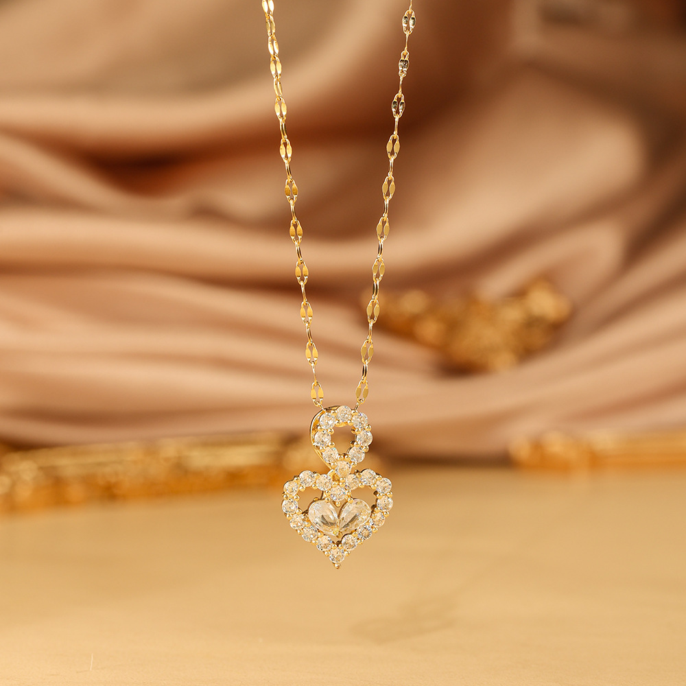 跨境热卖新款女士同心结锆石吊坠项链女钛钢不掉色镶钻锁骨链批发