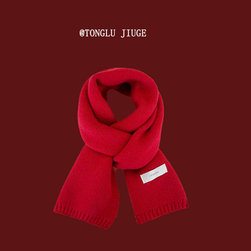 New Year Christmas Gift Red Knitted Solid Color Scarf Women's Winter Warm Japanese Style Plaid All-Matching Woolen Scarf