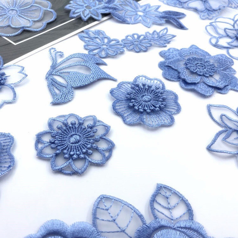 绣片蓝色蕾丝布贴花朵贴布衣服补丁贴刺绣网纱裙大小号破洞修补热