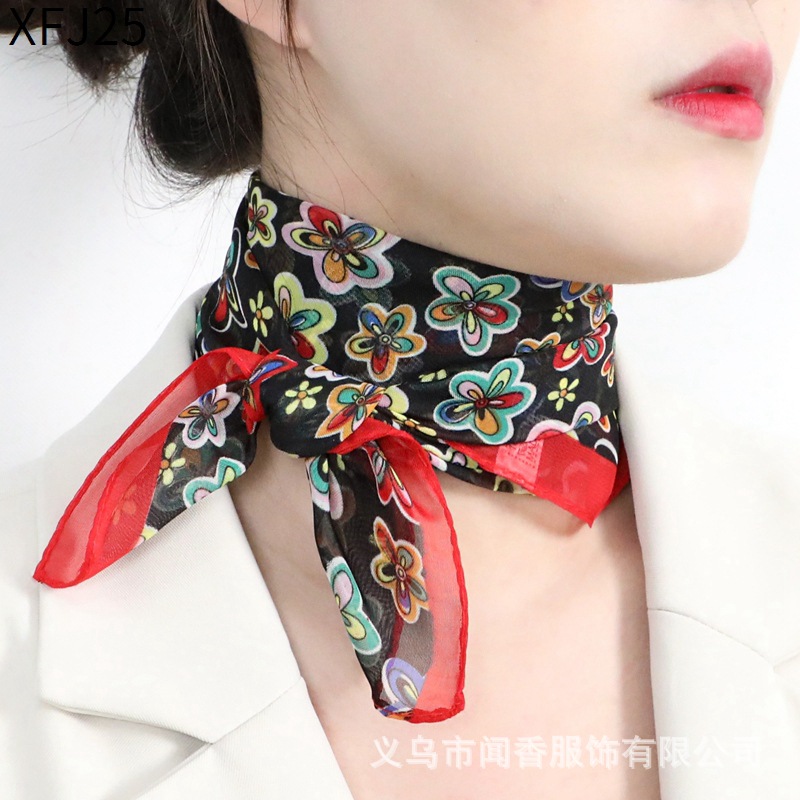 Artificial Silk Chiffon Small Flower Pattern Silk Scarf Women's Versatile Small Square Towel Temperament Wild Neck Protection Small Scarf Scarf